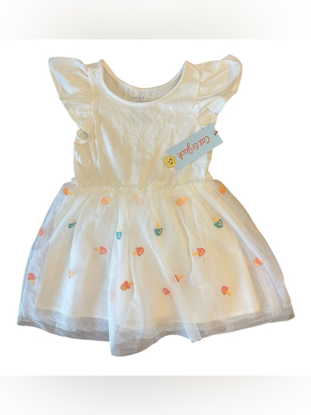 Cat & Jack White Tulle Dress with Pastel Ice Cream Bars Embroidery
